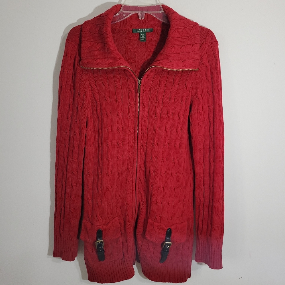Lauren Ralph Lauren M Long Cardigan Sweater Cable Knit Leather Straps Cowl Neck